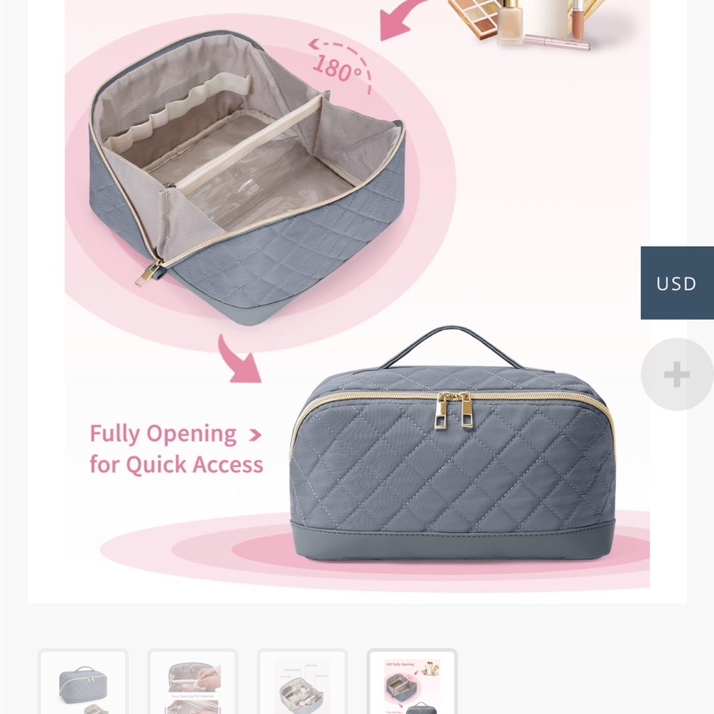 Quilted Gray Travel Makeup Bag